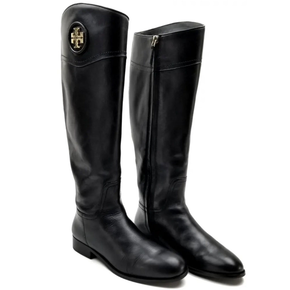 Tory Burch Ashlynn Riding Boot Black leather with Gold Emblem